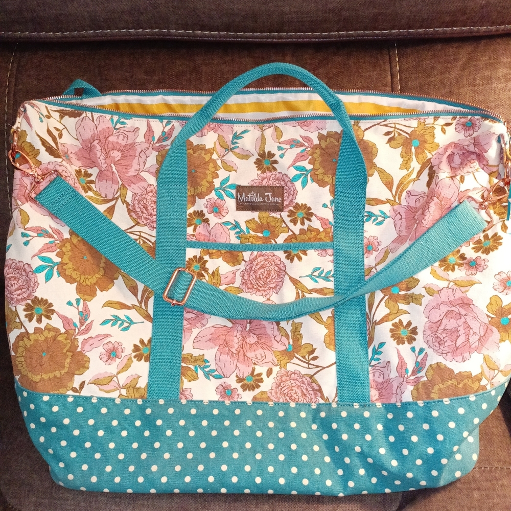Matilda Jane Teal and Floral Travel Bag. Tiny Ware On Corners. Approximate l9x14